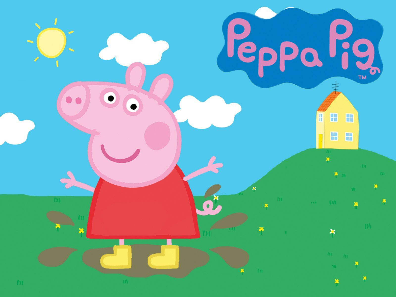 Tabletă Peppa Pig pe câmp verde noroios Fundal