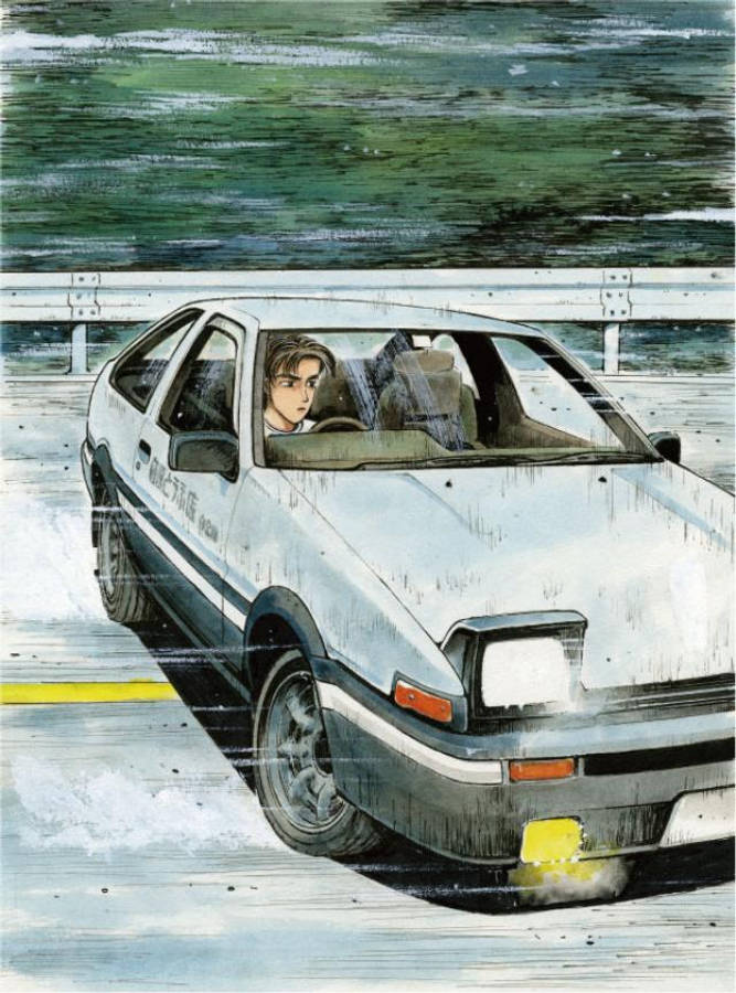 Takumi Fujiwara conducând o mașină anime Fundal