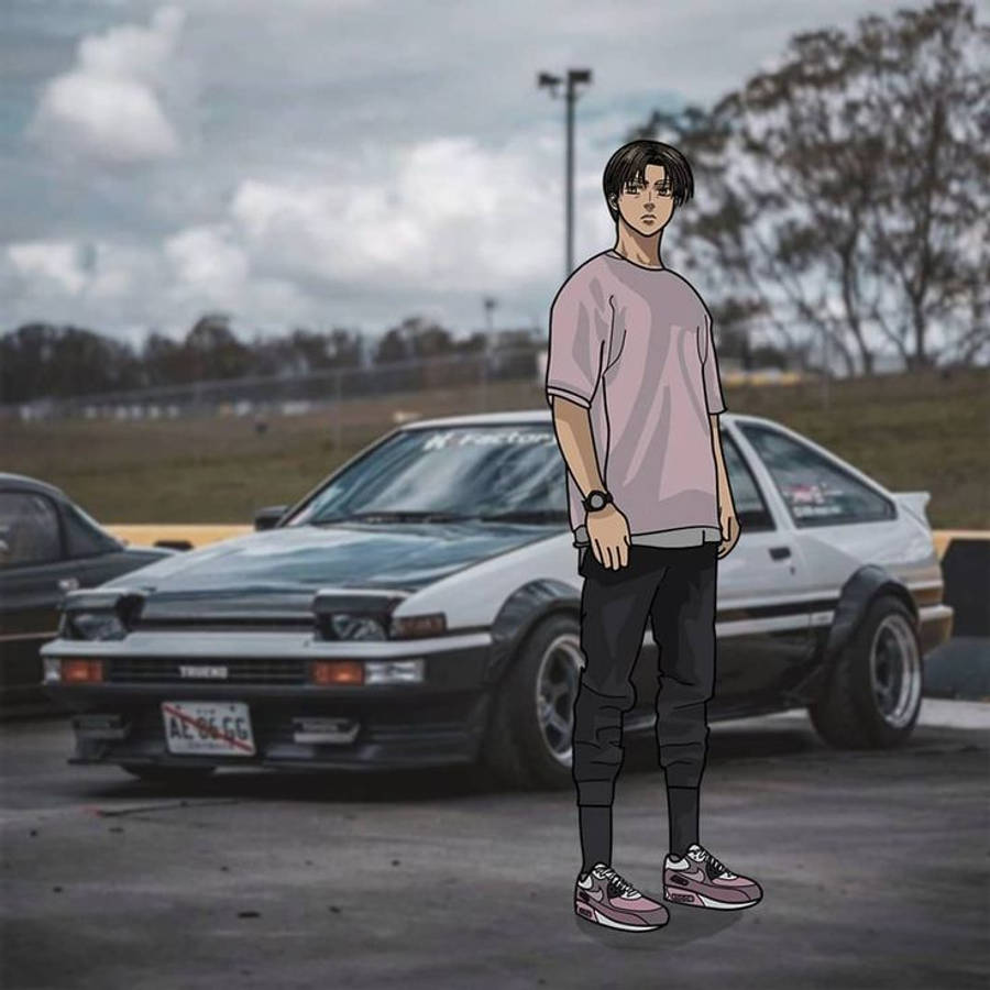 Takumi Fujiwara în fața unei mașini anime Fundal