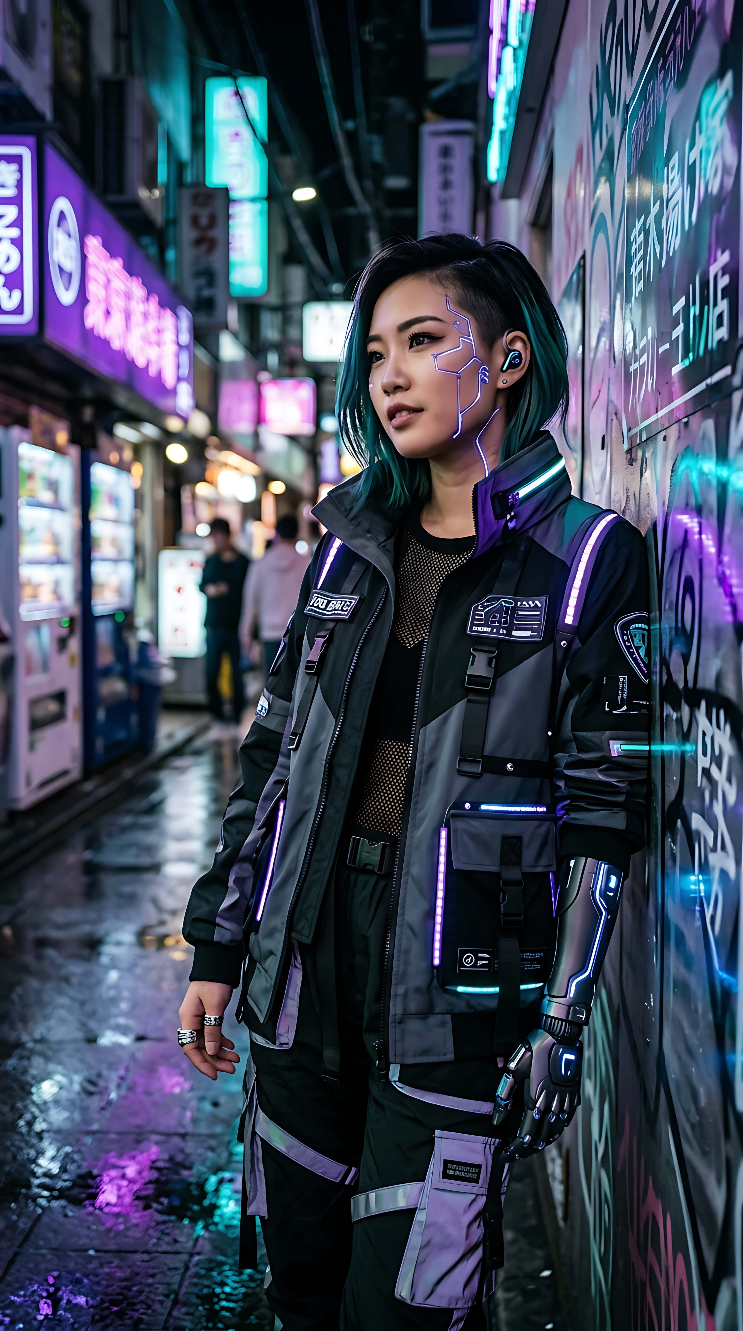 Tânără cu implanturi faciale cibernetice și braț robotic pe o stradă futuristă iluminată cu neon Fundal
