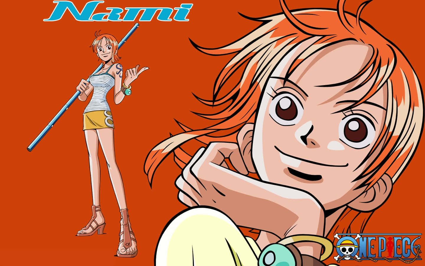 Tânăra Nami One Piece pe fundal portocaliu închis Fundal