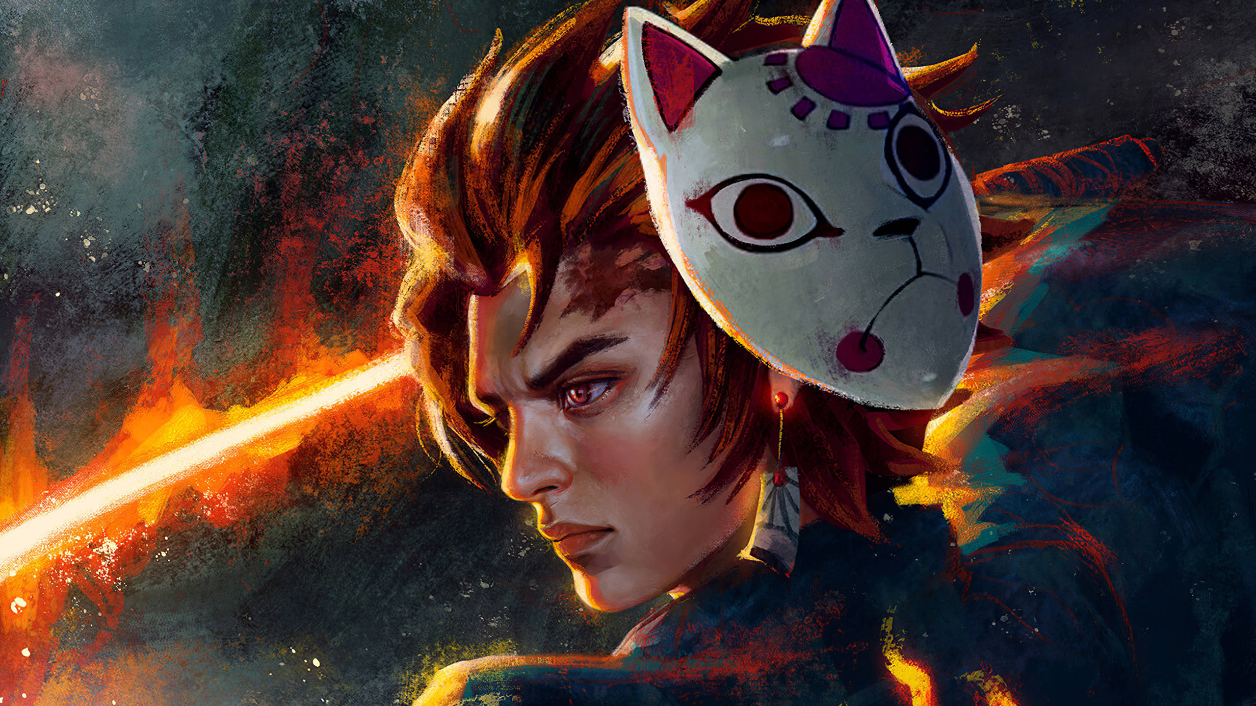 Tanjiro cu masca Demon Slayer, artă pictată Fundal
