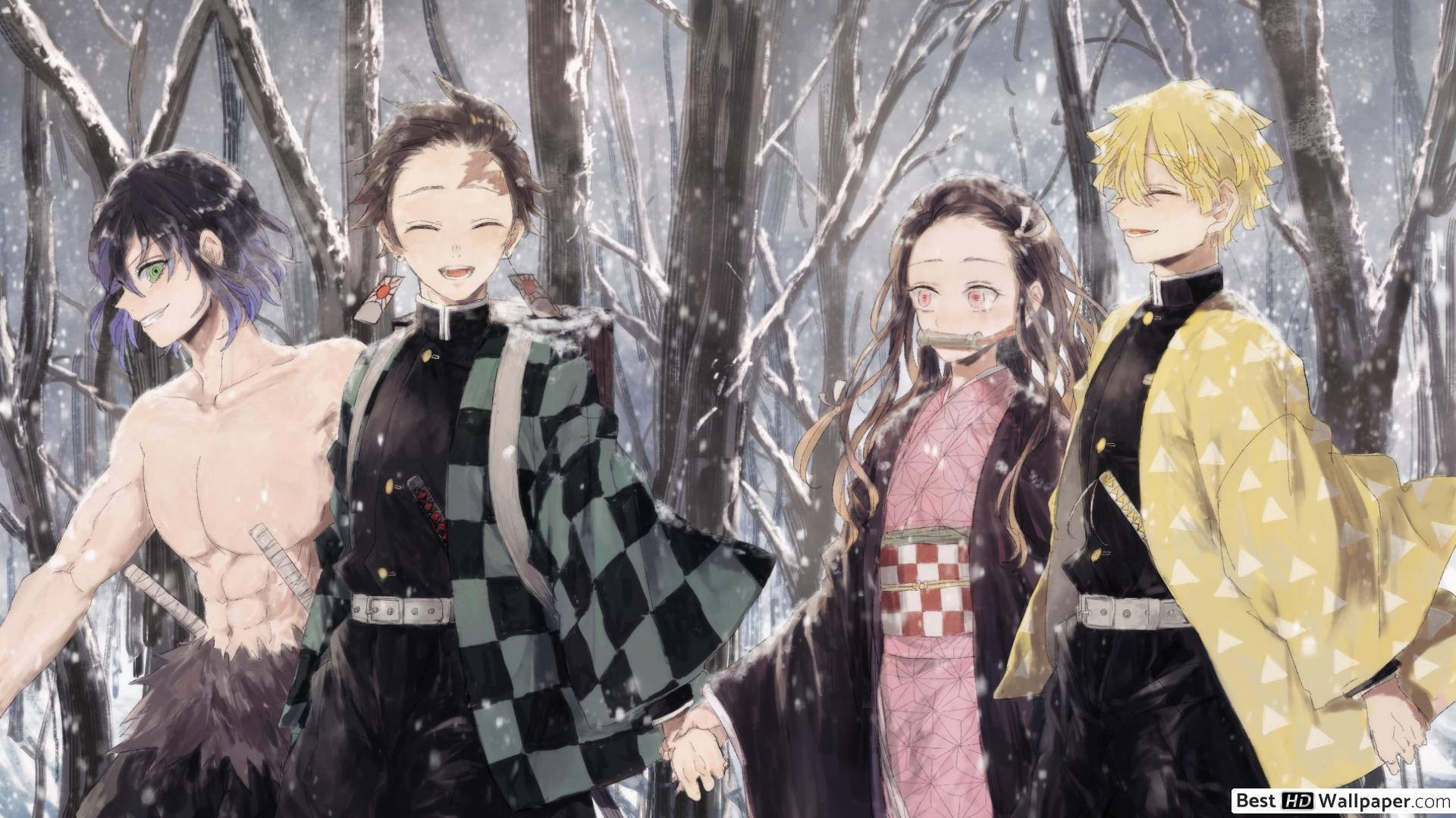 Tanjiro, protagonistul din Demon Slayer, și aliații săi gata de luptă. Fundal