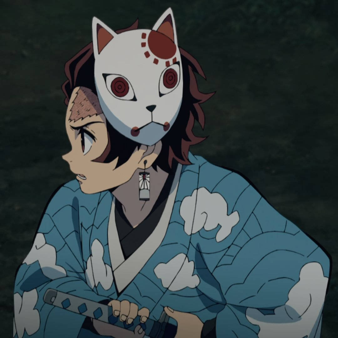 Tanjiro purtând masca de Demon Slayer Fundal