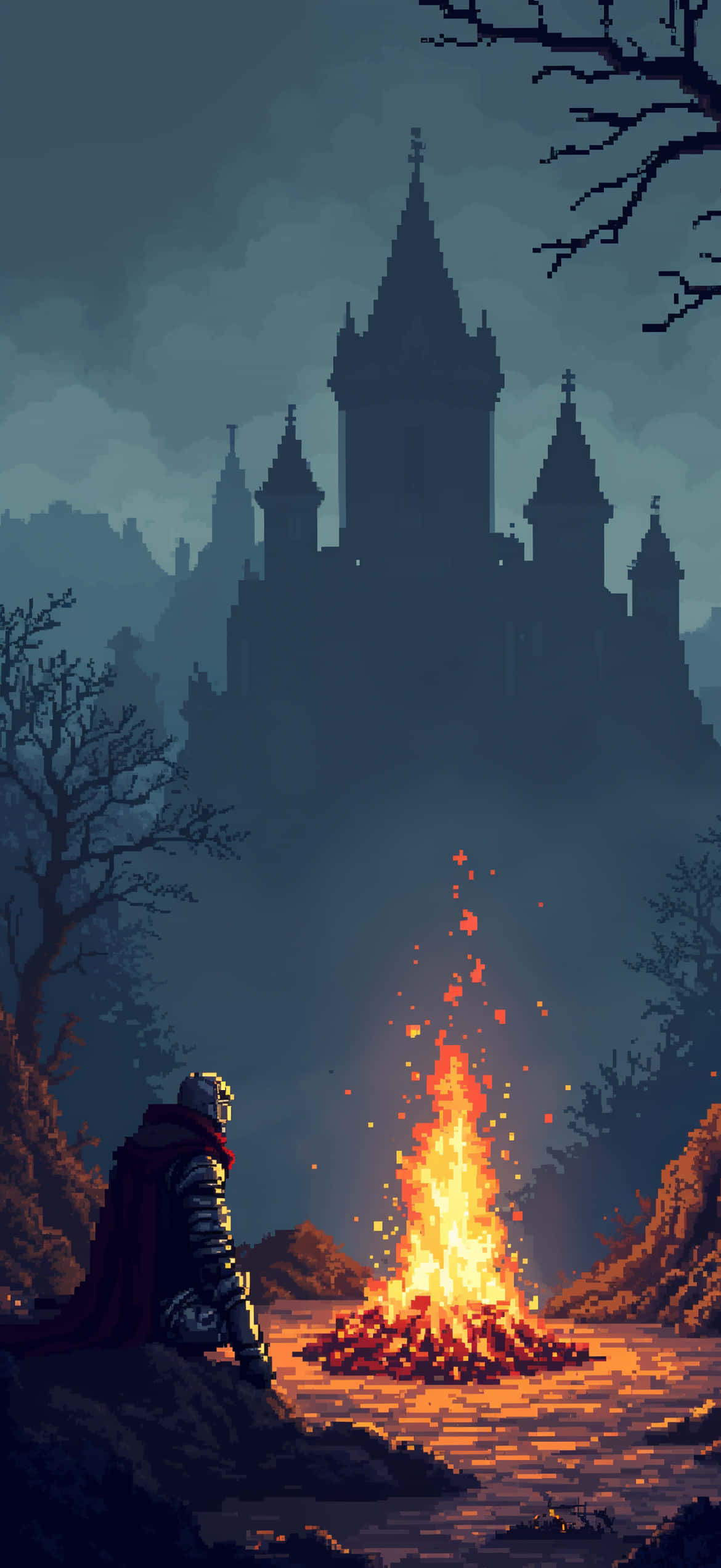 Tapet Pixel Art Dark Souls - Scenă cu Foc de Tabără - Tapet Joc Fundal