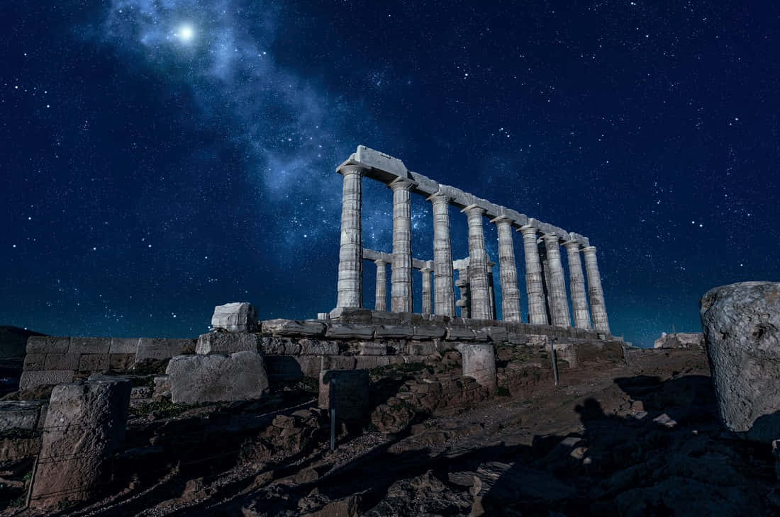Templul lui Poseidon noaptea Fundal