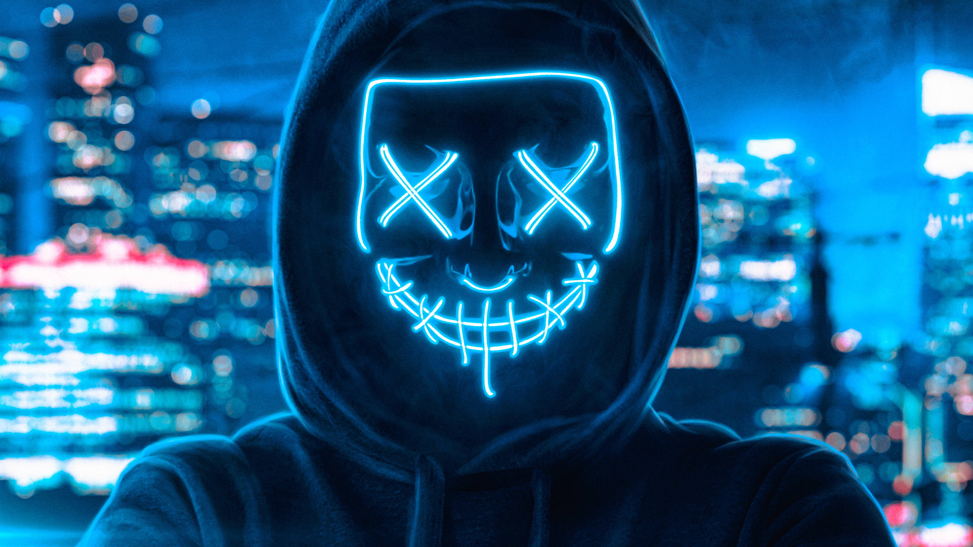 Tip cu mască Purge în lumină albastră neon Fundal
