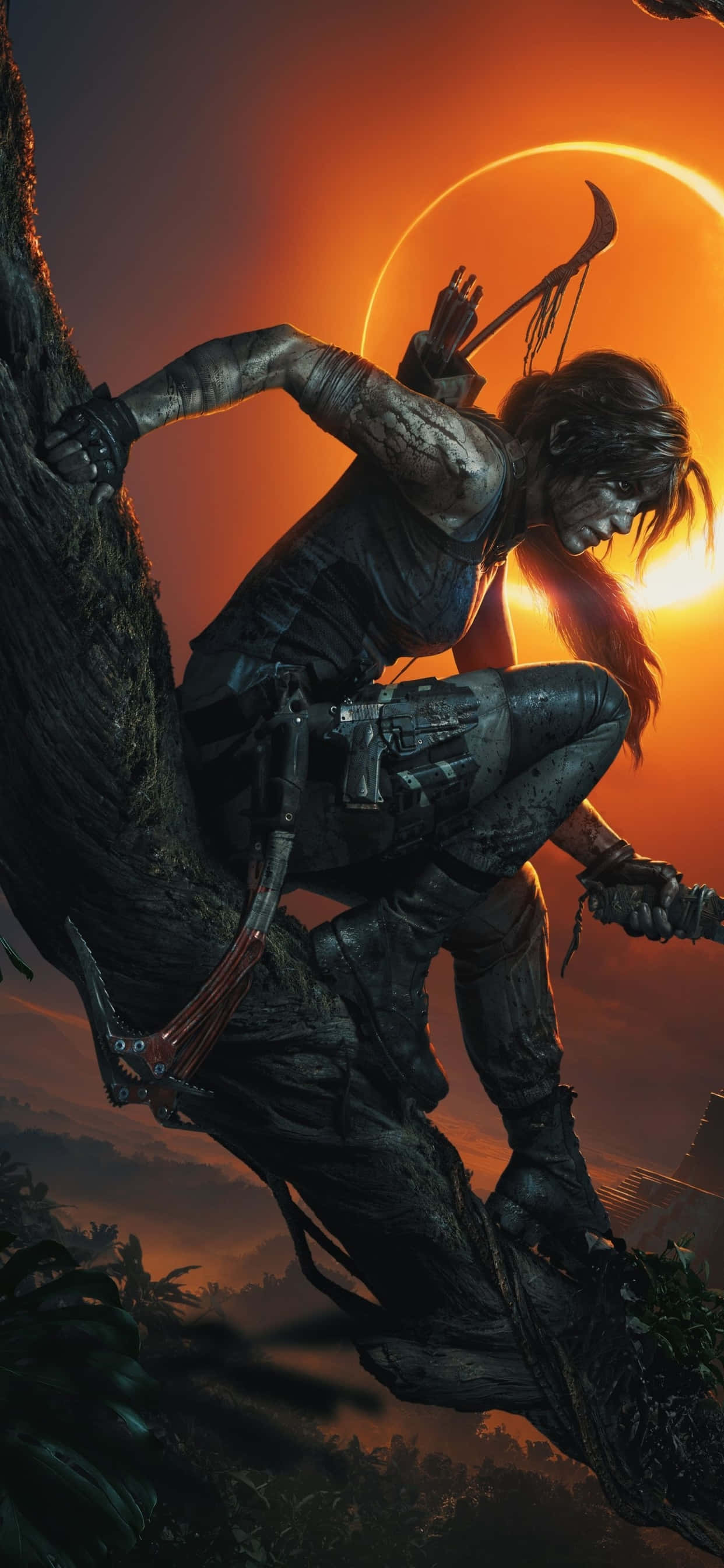 tomb raider este în pădure cu un soare în spatele ei Fundal