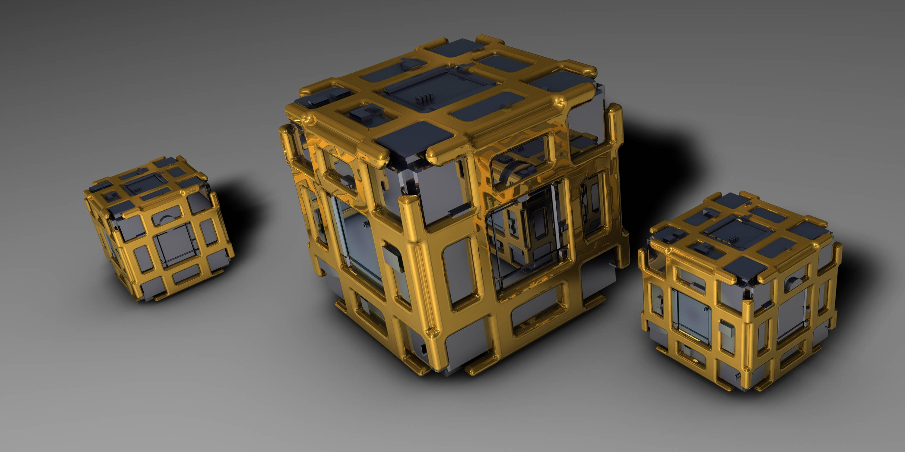 Trei cuburi 3D aurii care creează un design intrigant Fundal