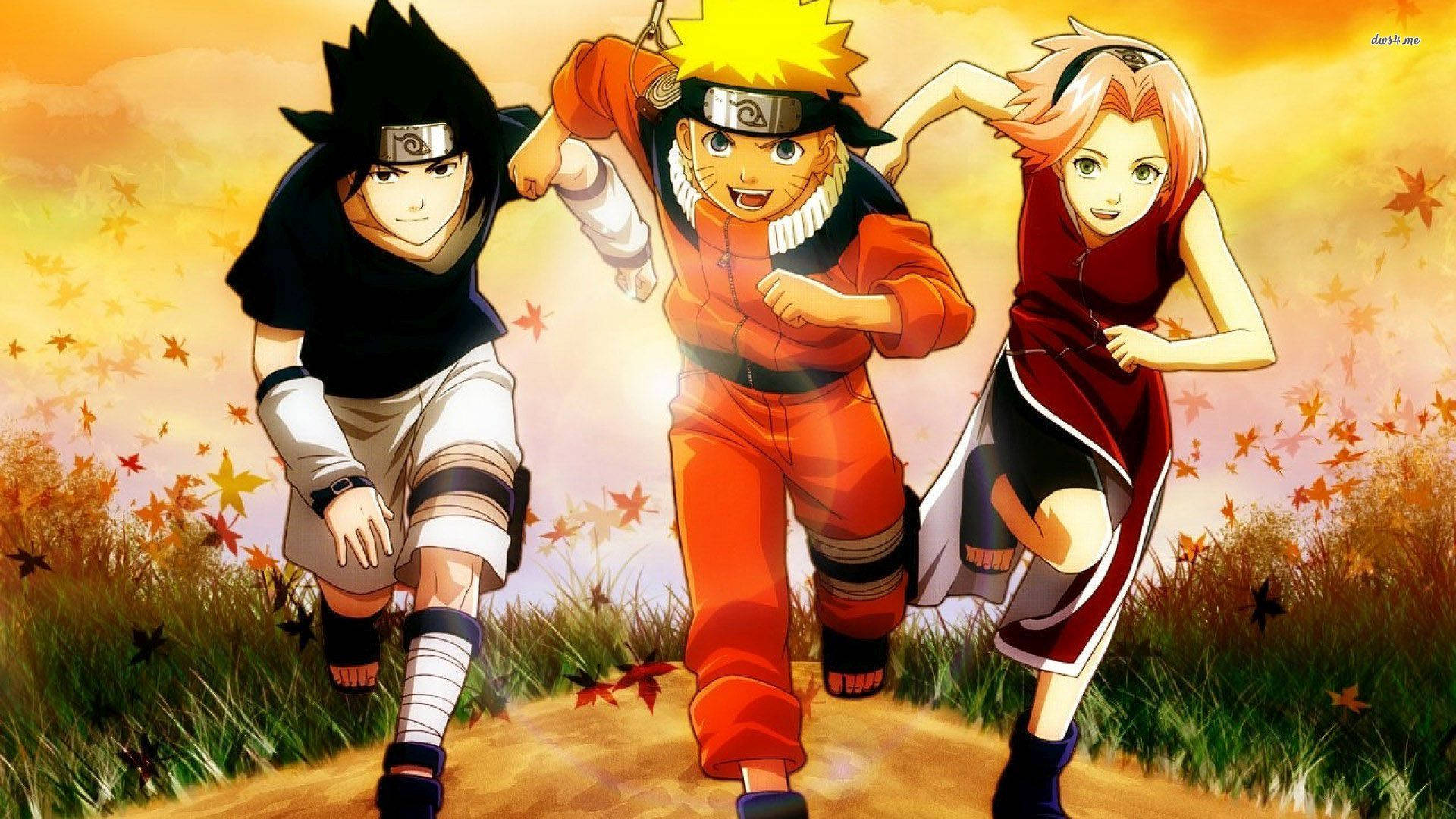 Trei ninja tineri - Naruto, Sakura și Sasuke alergând împreună. Fundal