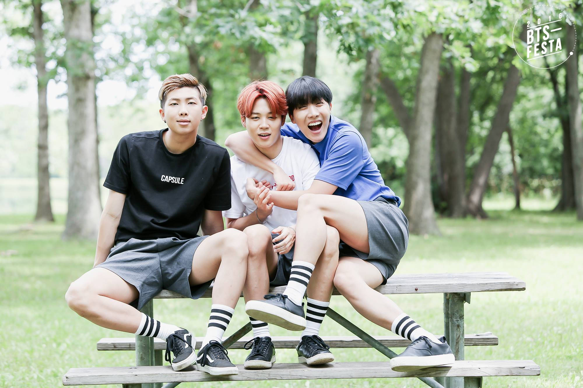 Trio BTS Estetic pe Banca din Parc Fundal