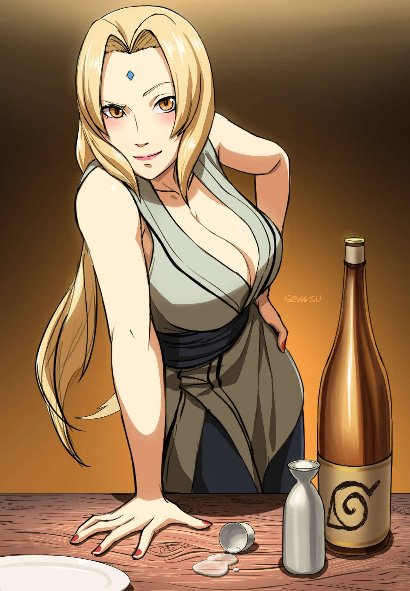 Tsunade cu o sticlă de alcool Fundal