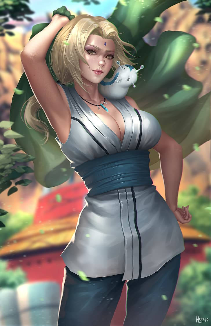 Tsunade pozând în aer liber cu Katsuyu Fundal