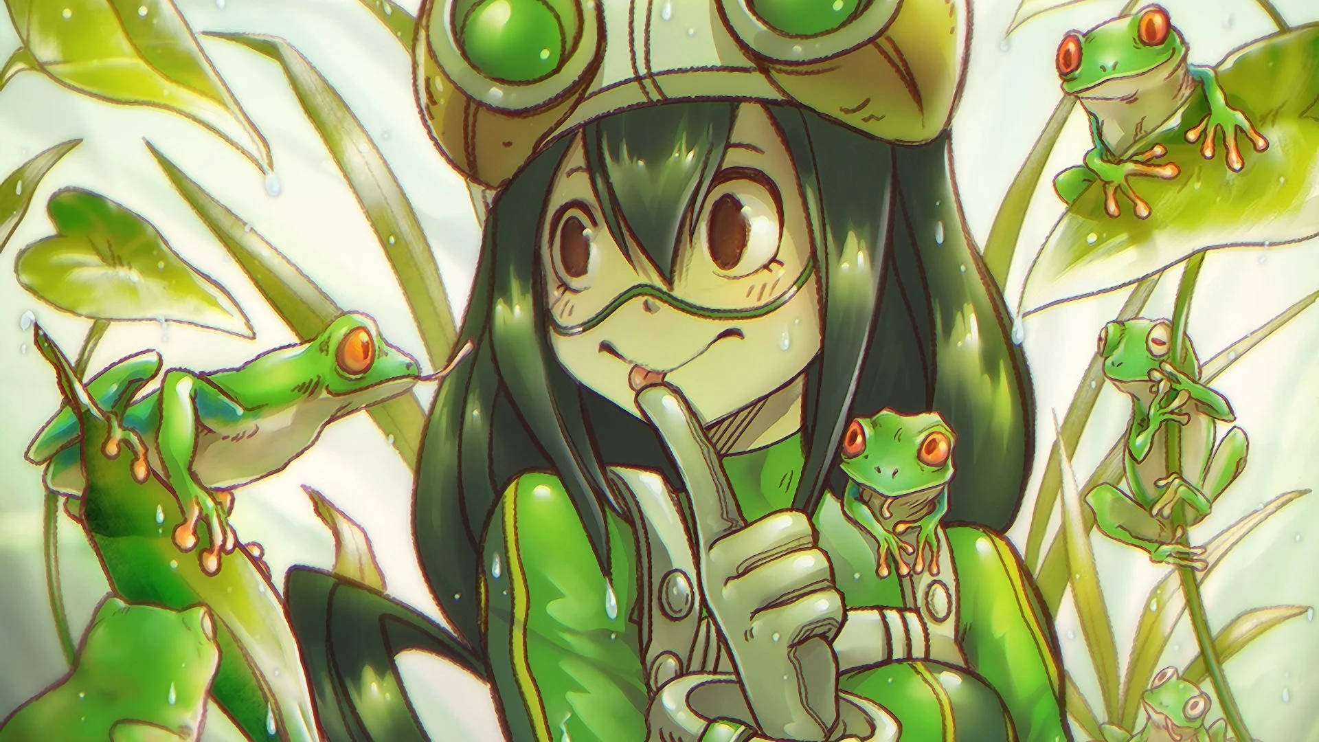 Tsuyu Asui cu broscuțe kawaii Fundal