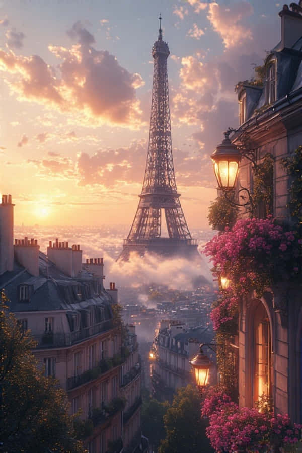Turnul Eiffel la Răsărit deasupra Acoperișurilor Parisului 4K Fundal