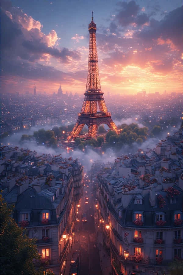 Turnul Eiffel la Răsărit deasupra Acoperișurilor din Paris 4K Fundal