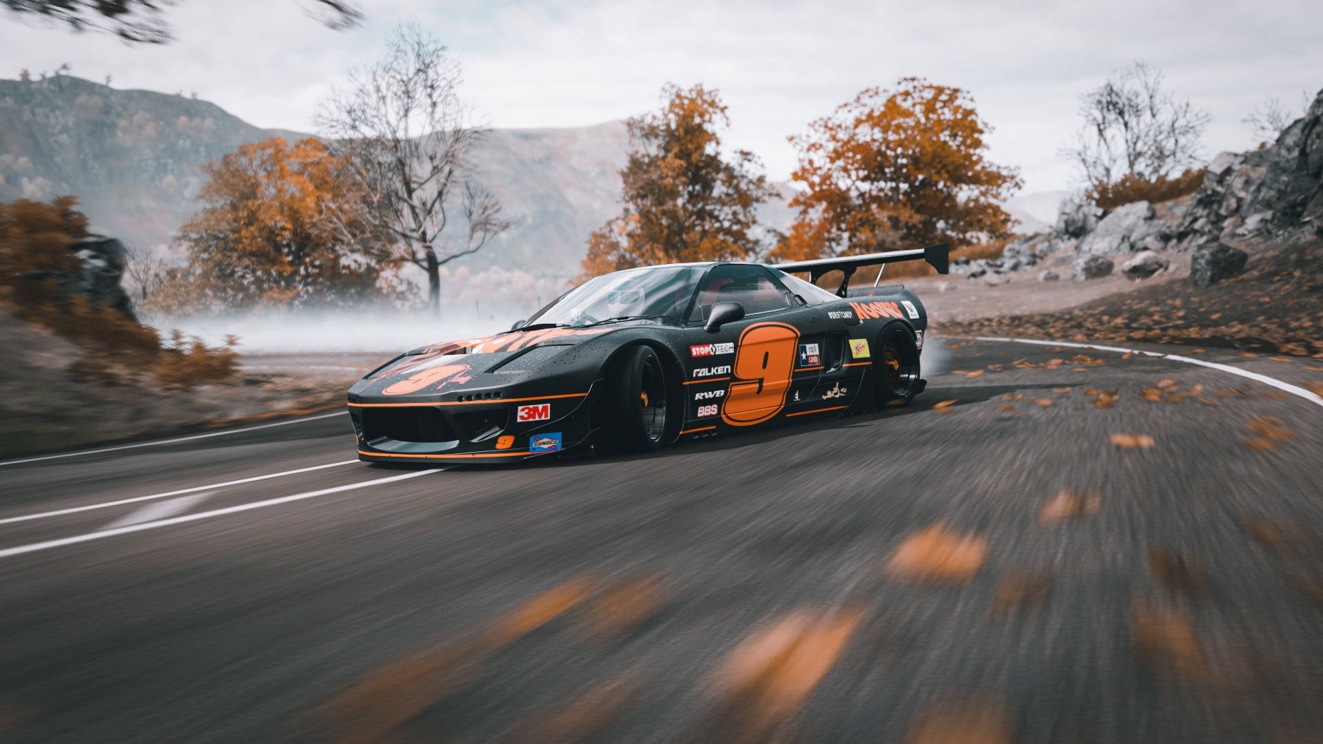 Uimitoarea Honda NSX portocalie și neagră, excelând în drift racing Fundal