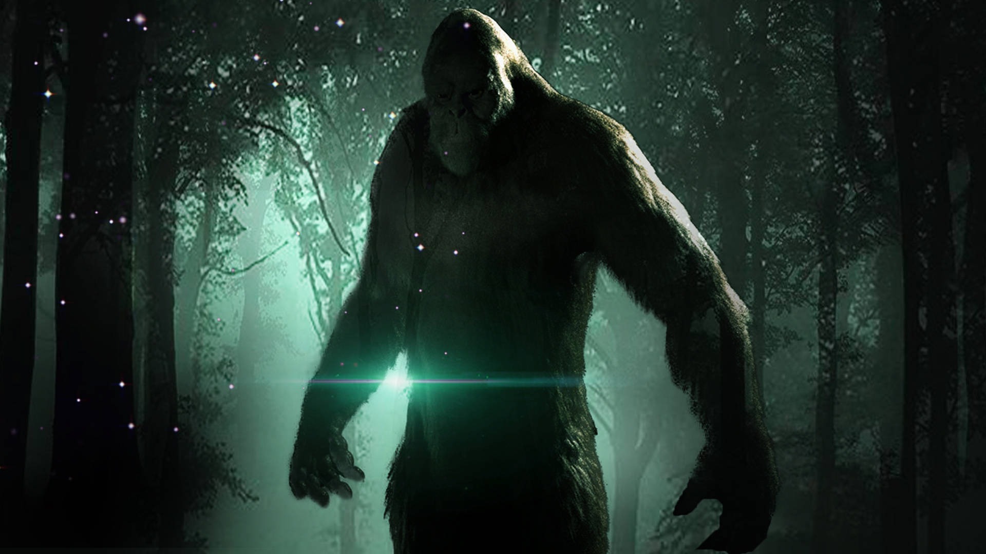 Umbrele lui Bigfoot în pădurea verde Fundal