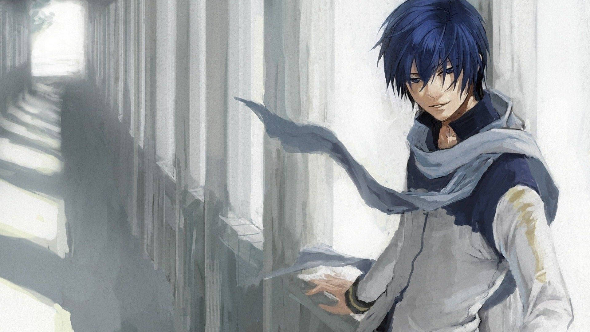 Un băiat anime tânăr cu păr albastru Fundal
