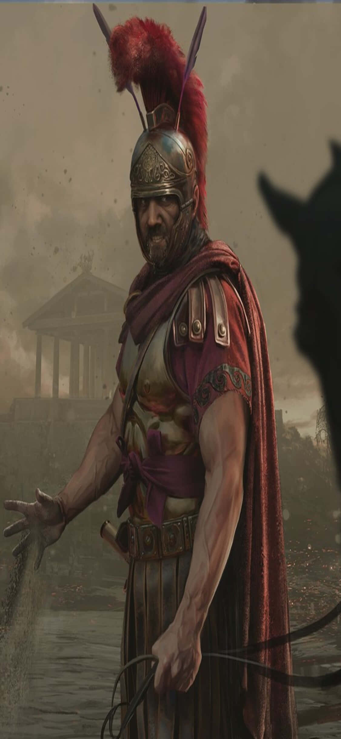 un bărbat în costum de spartan stă lângă un cal Fundal