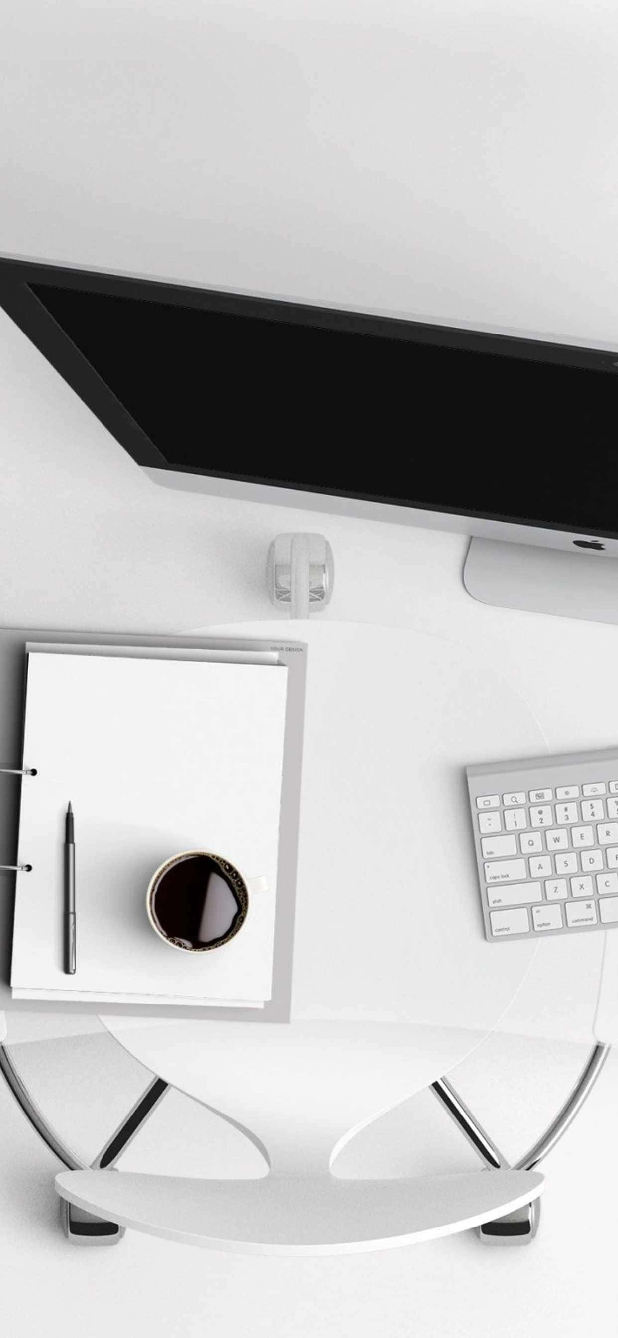 un birou alb cu un monitor, tastatură și o ceșcă de cafea Fundal