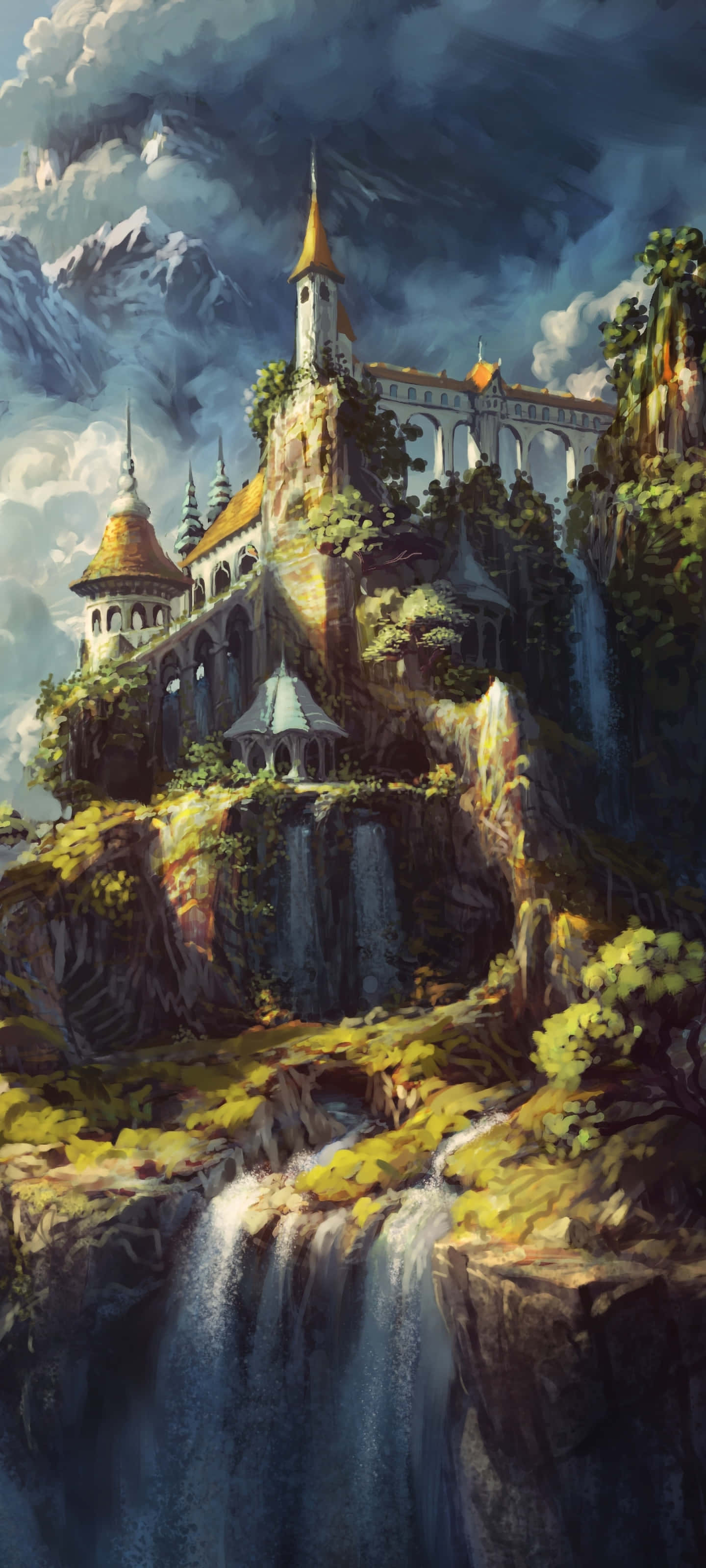 un castel fantastic pe un munte cu cascade Fundal