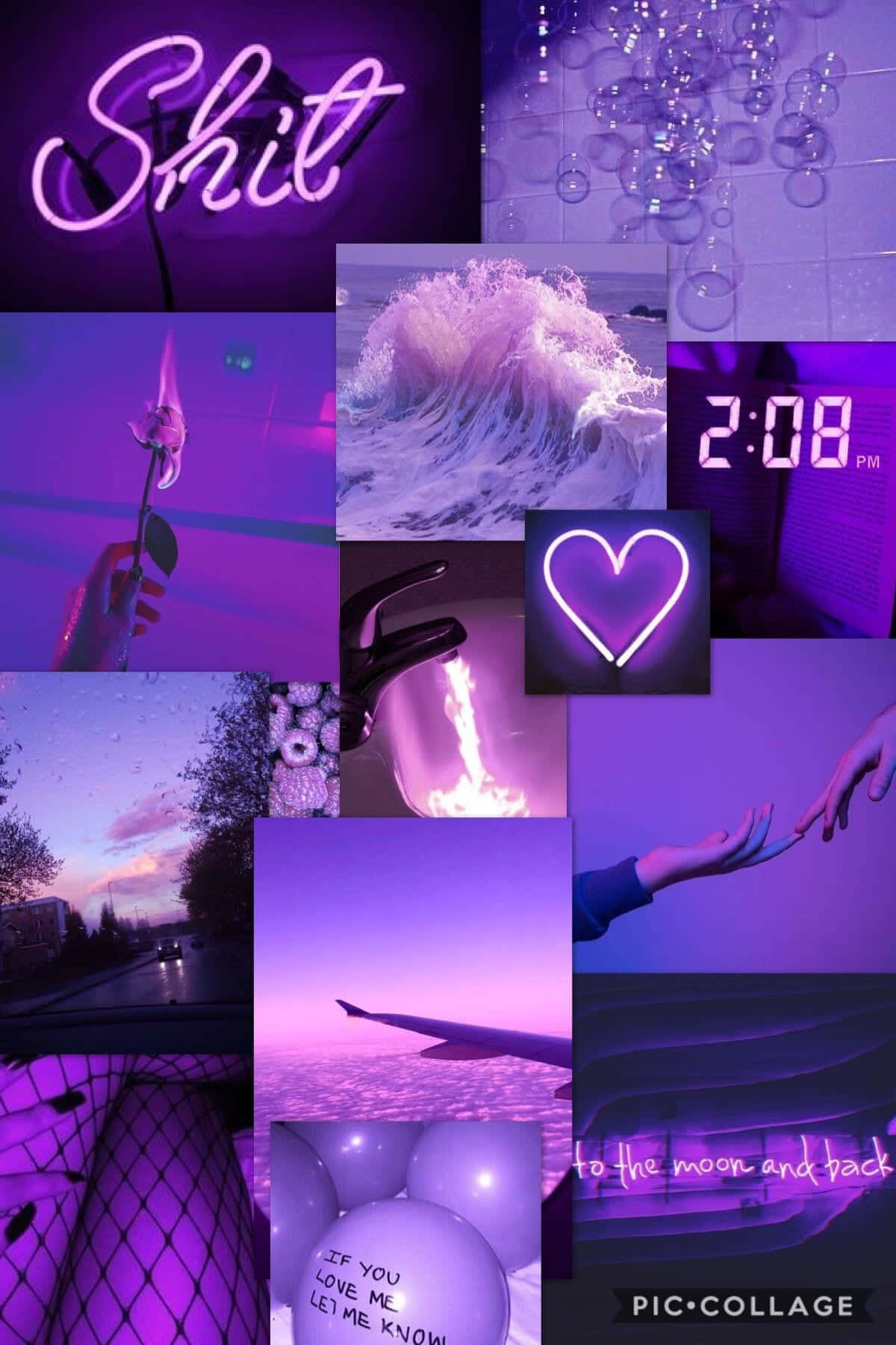 un colaj de fotografii cu lumini violet și un ceas Fundal