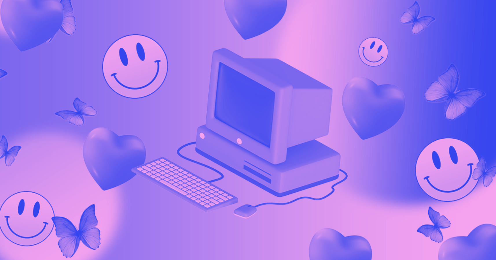 un computer cu fețe zâmbitoare și fluturi Fundal