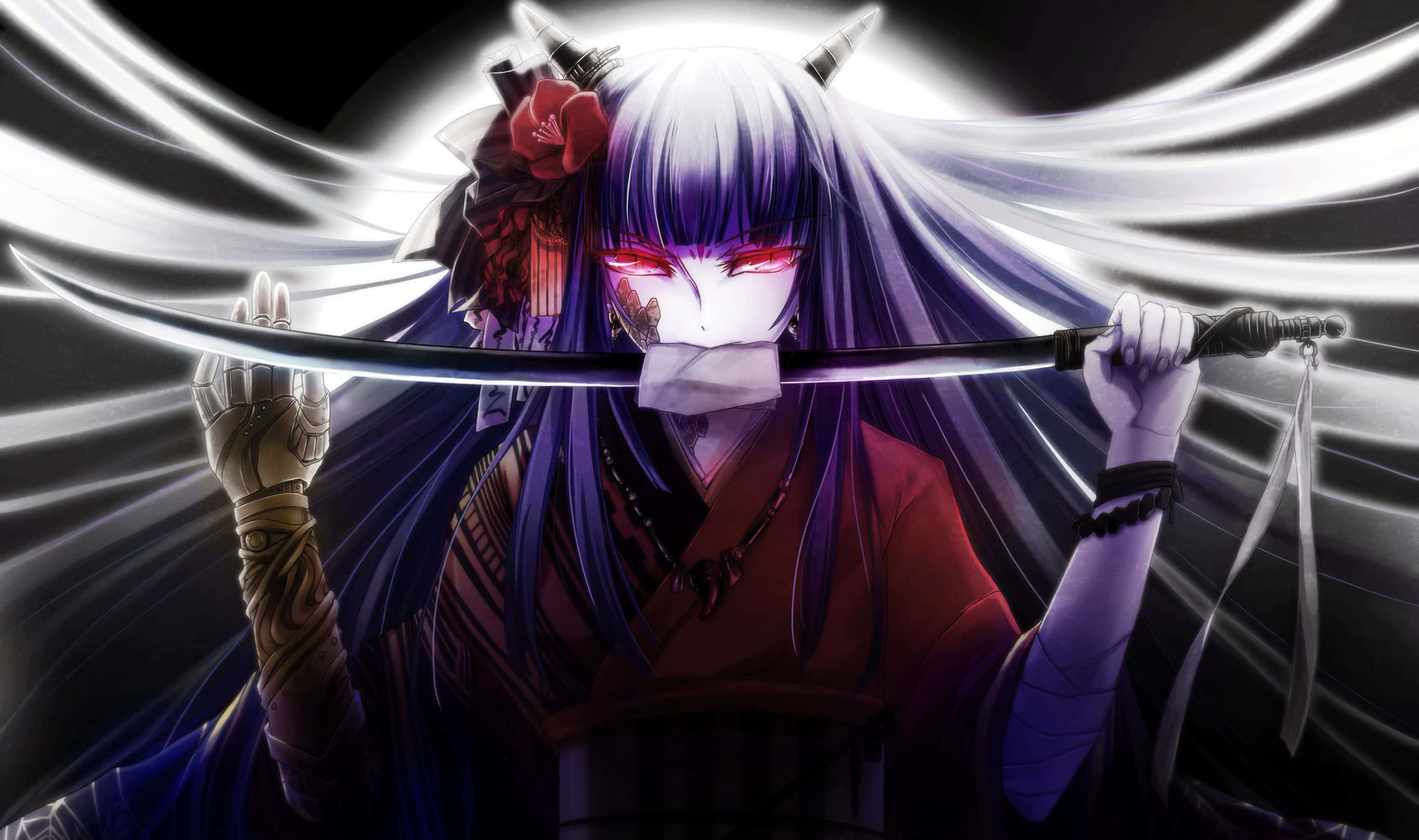 Un demon anime înfricoșător privește intens din umbră Fundal