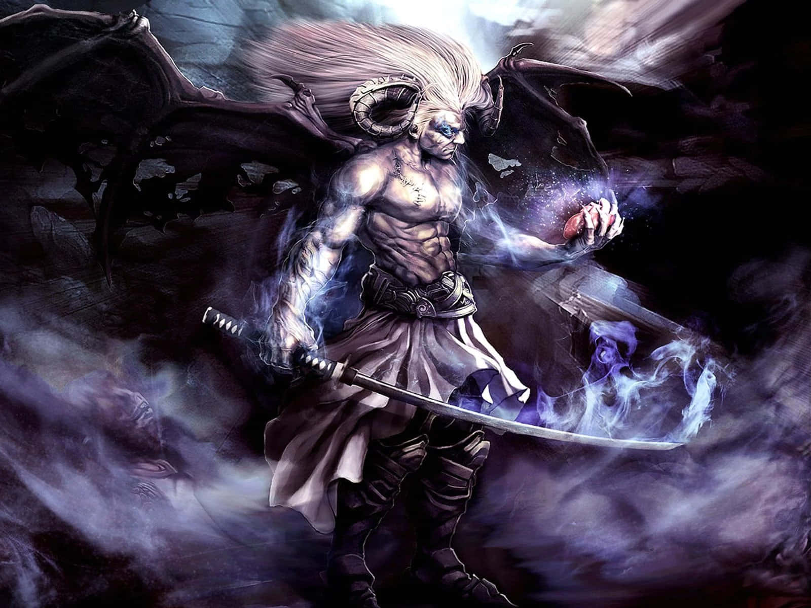 Un demon anime sinistru pândind în umbre. Fundal