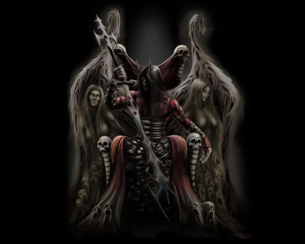 un demon așezat pe un tron cu o sabie Fundal