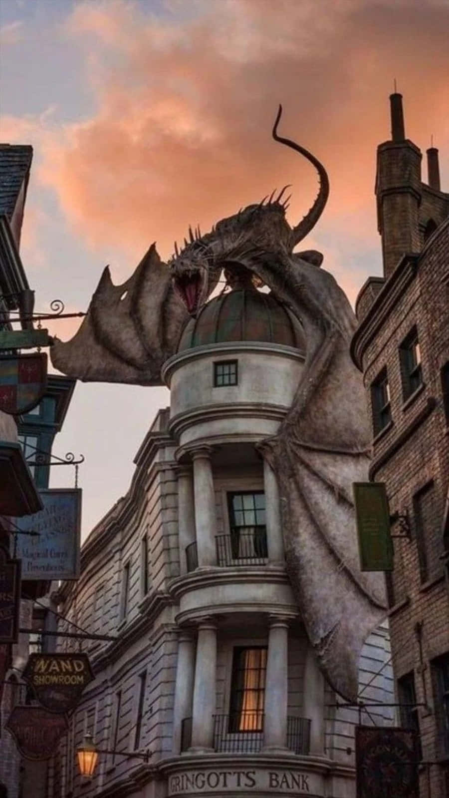 un dragon stă pe o clădire într-un oraș Fundal