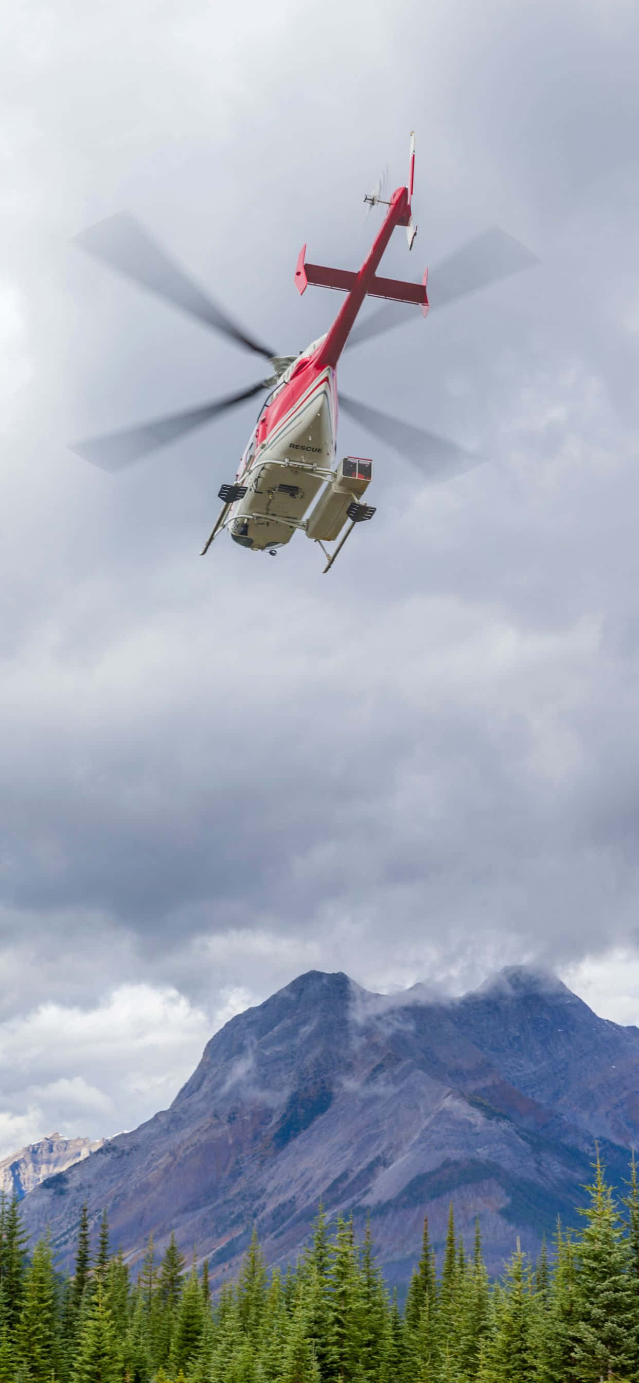 un elicopter zburând deasupra unei păduri cu munți în fundal