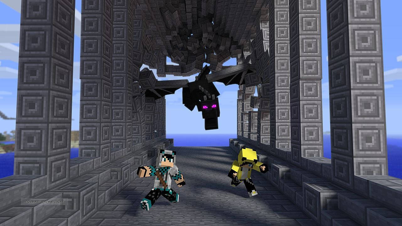 Un grup de mob-uri ostile urmăresc jucătorul dintr-un sat Minecraft. Fundal