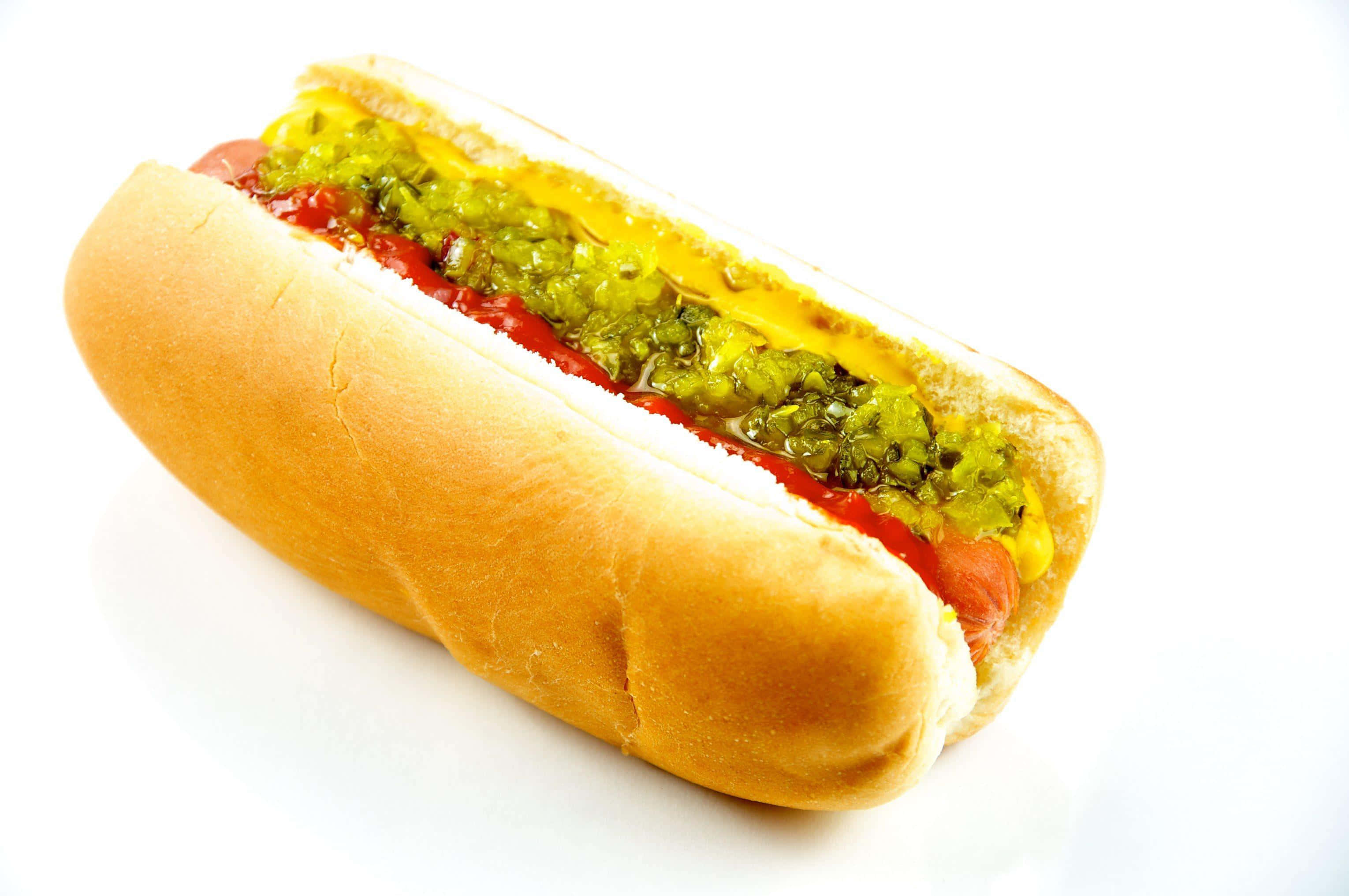 un hot dog cu muștar și relish Fundal