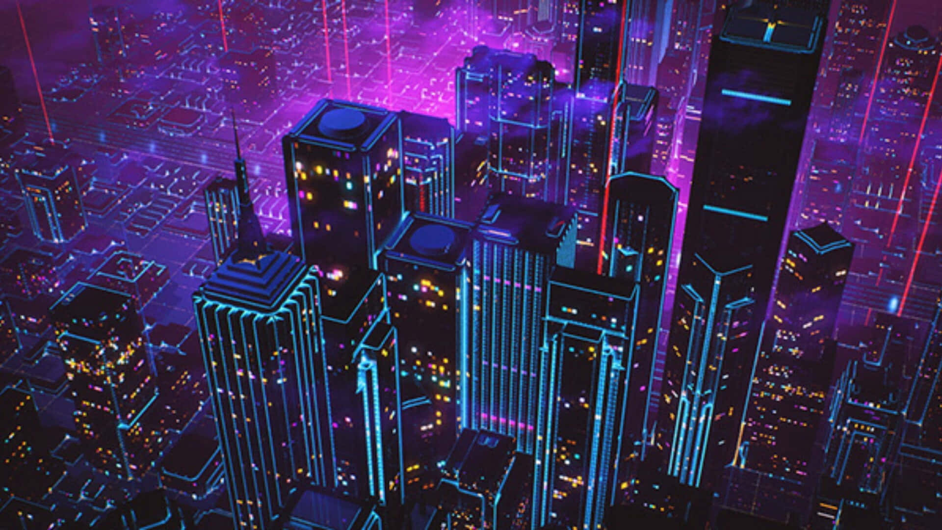 un oraș cu lumini neon și clădiri Fundal