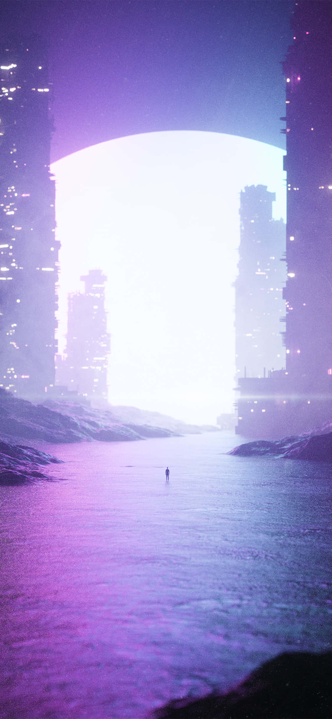 a city with a purple sky and a city in the background Fundal