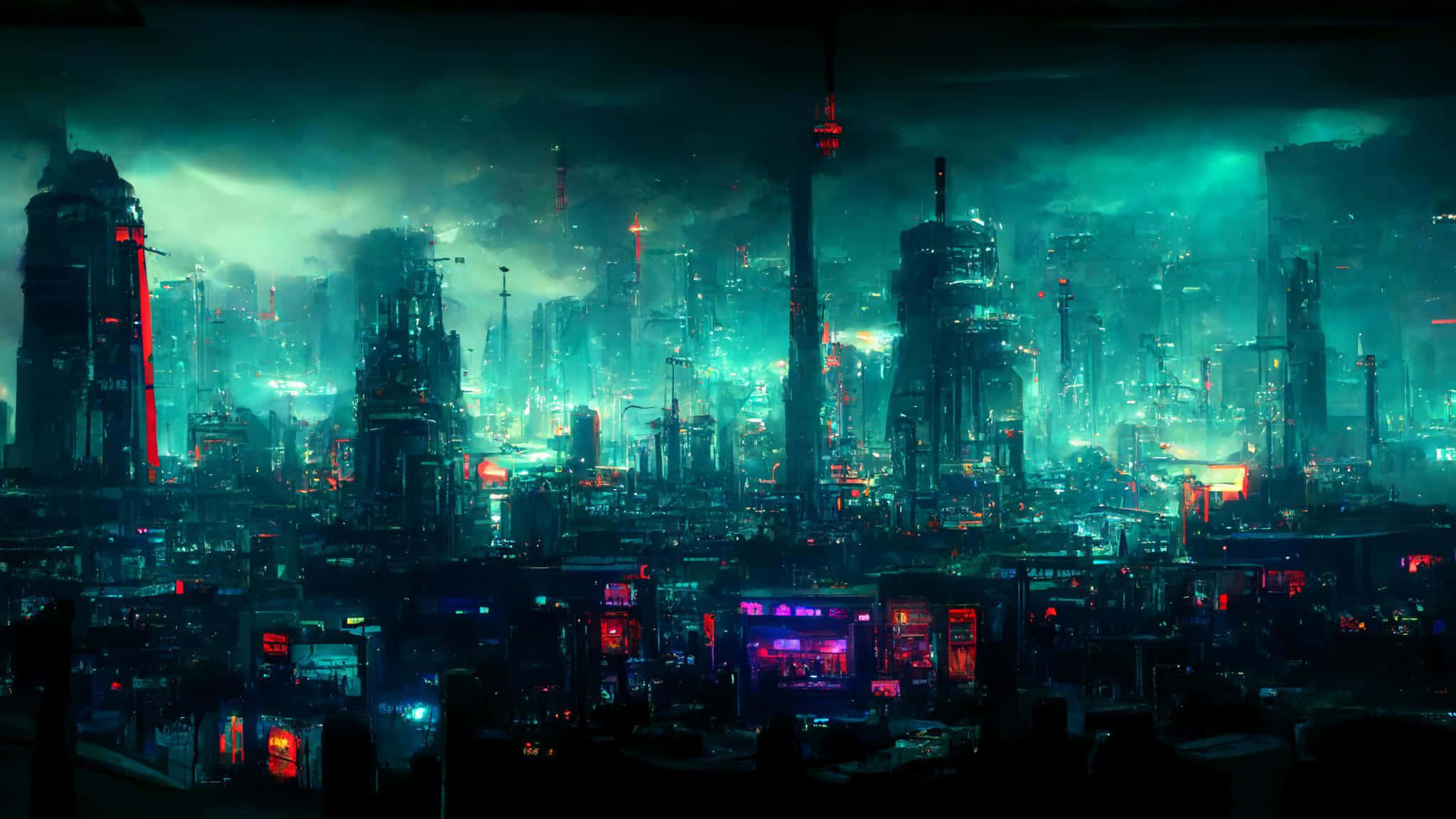 un oraș futurist cu multe lumini și clădiri Fundal