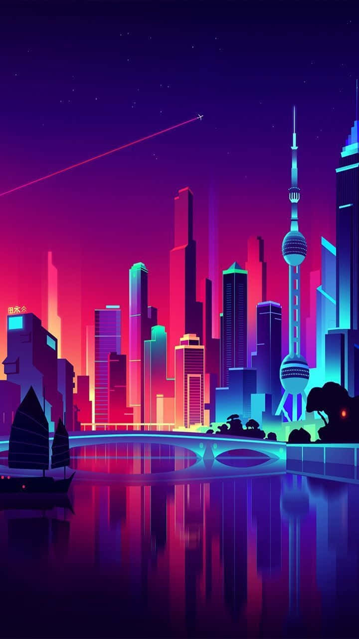 un peisaj urban cu lumini de neon și o barcă Fundal