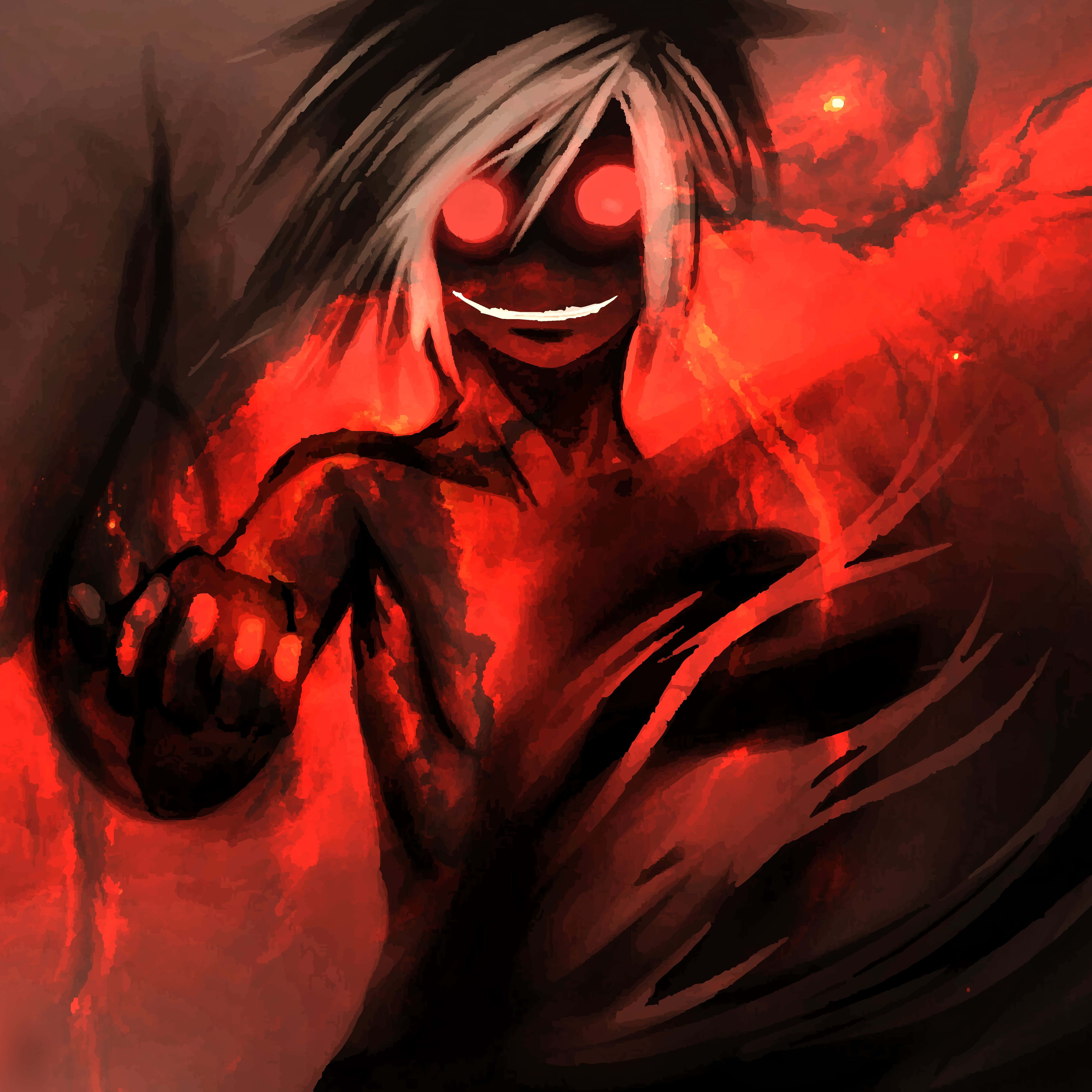 un personaj anime negru și roșu cu o sabie Fundal