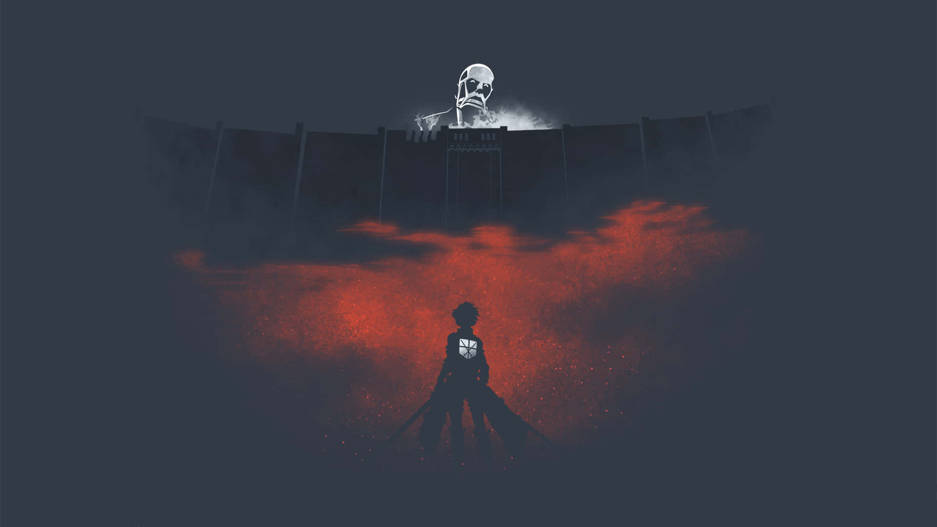 Un personaj feminin din Attack On Titan stă într-o pădure întunecată și amenințătoare Fundal