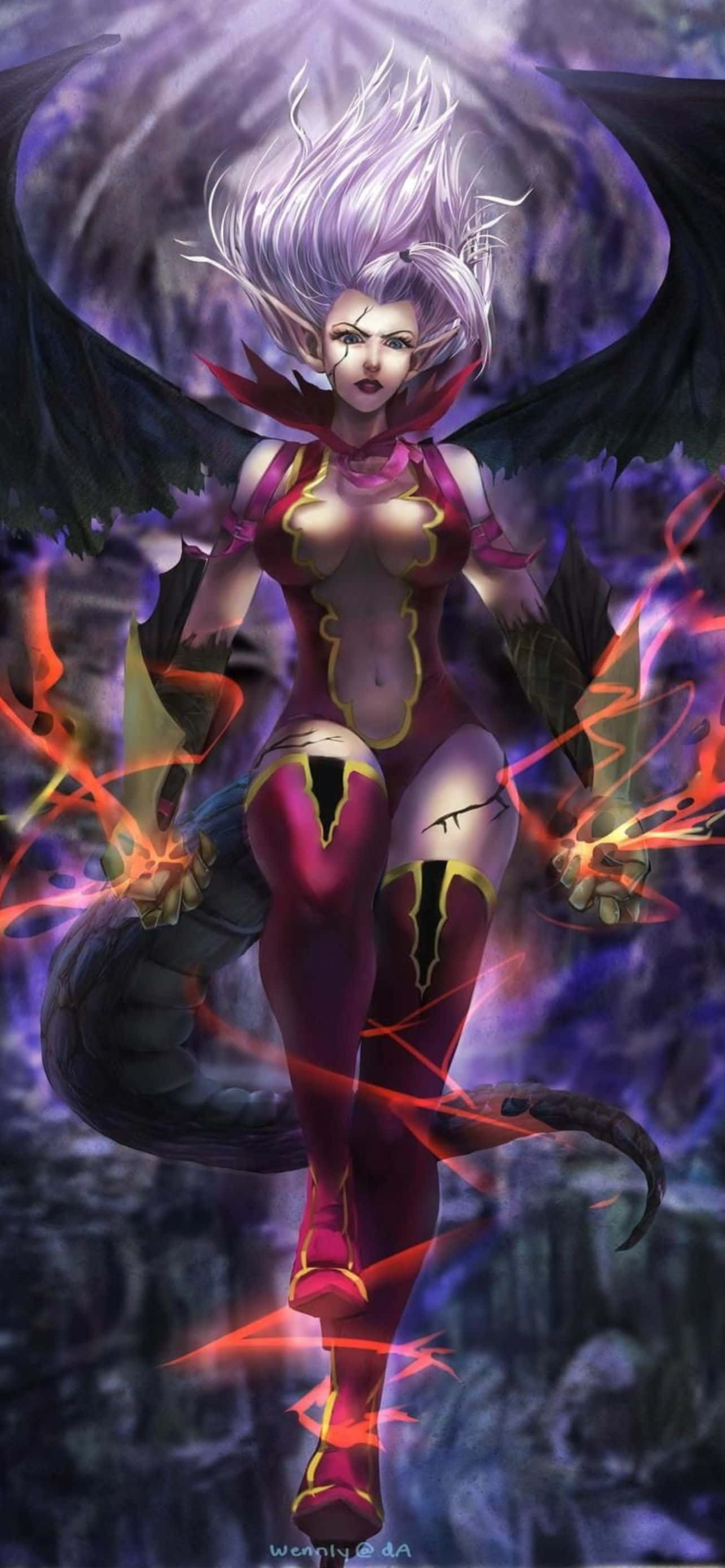 un personaj feminin cu aripi și un dragon Fundal