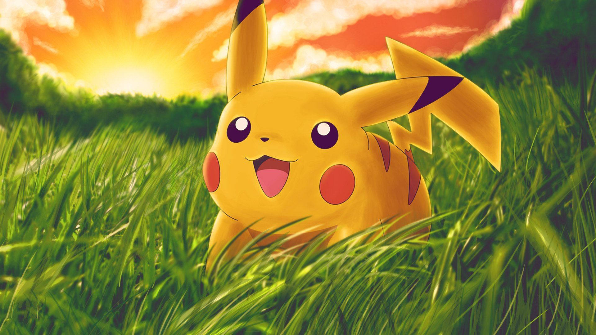 Fundal cu Pikachu pe câmp, cu apusul soarelui în spate. — Pikachu Fundal