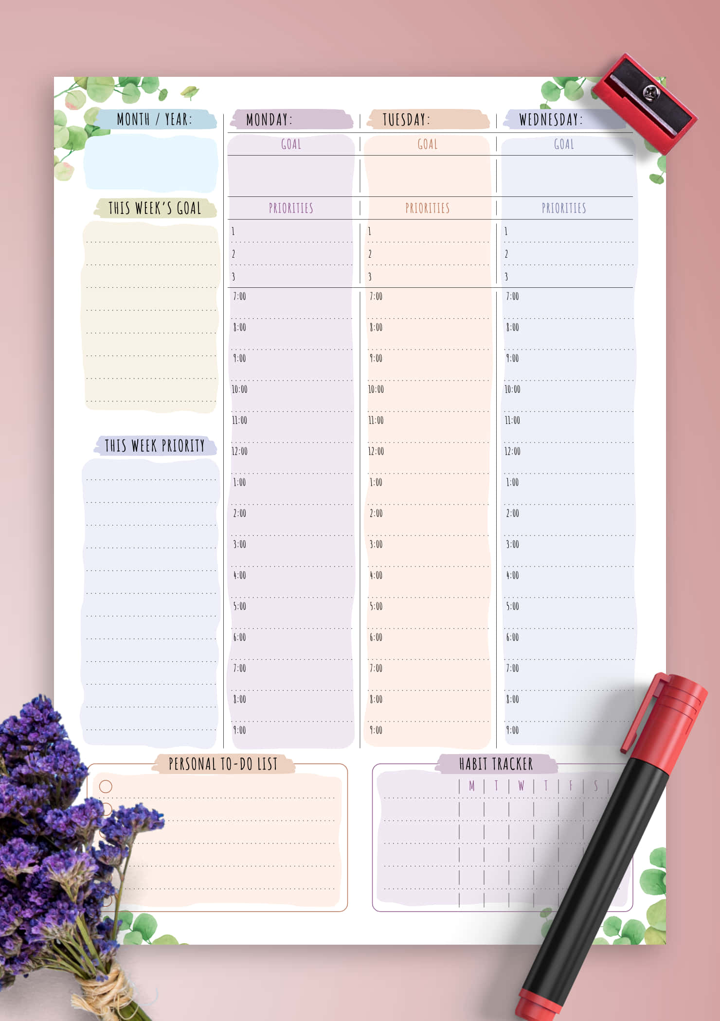 un planner printabil cu flori violet și un pix Fundal