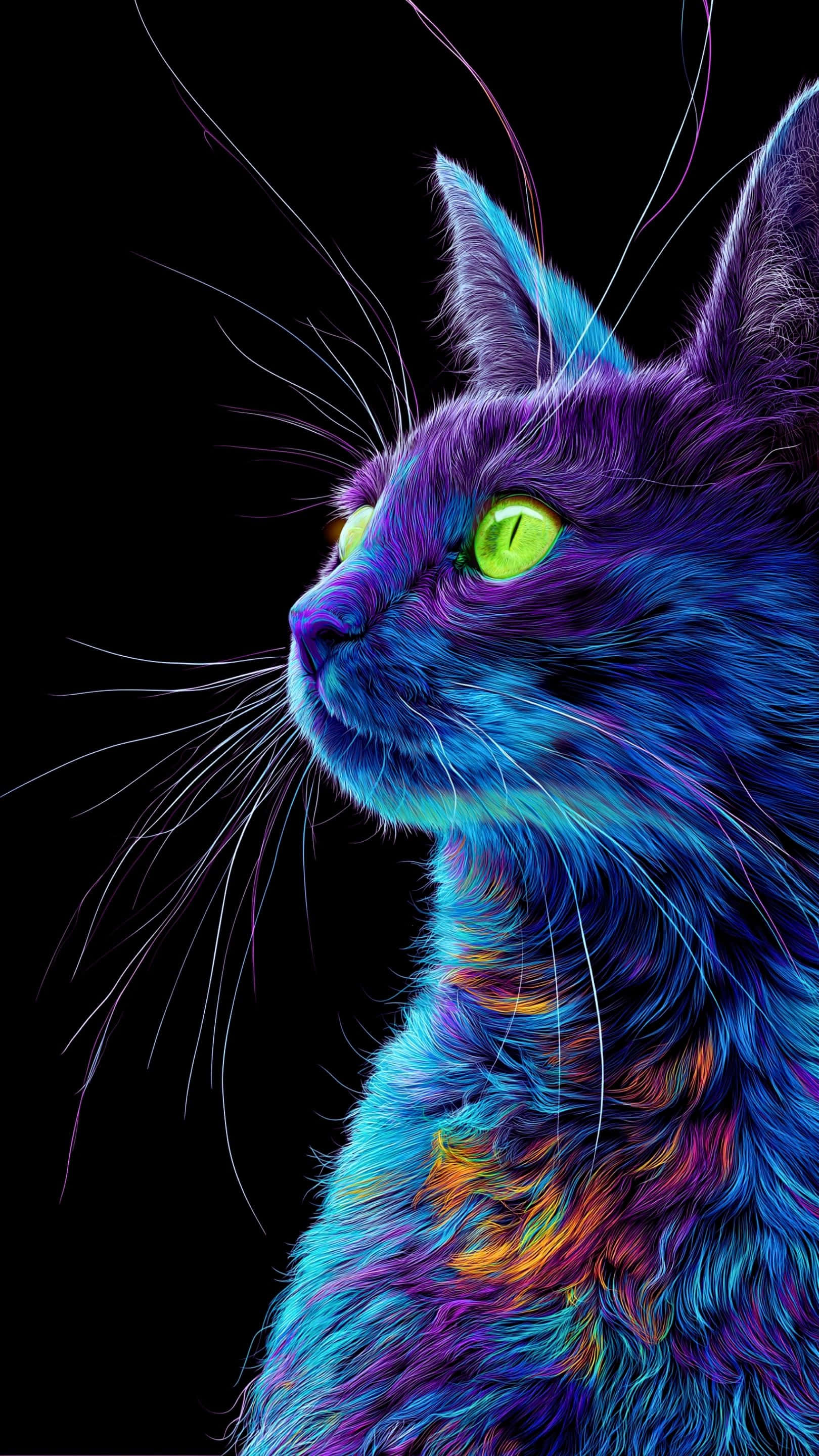 Un prim-plan vibrant și artistic al unei pisici cu blana electrică albastră și violet, iluminată cu stralucire Fundal