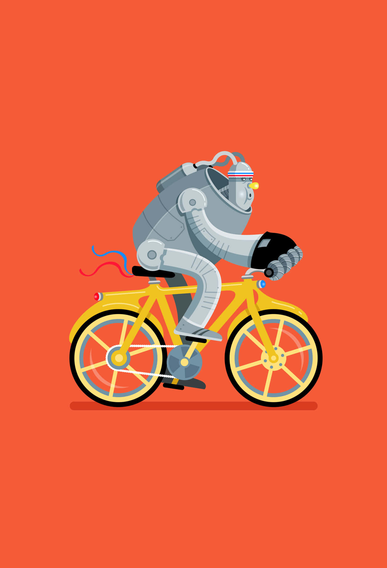 un robot care merge cu bicicleta pe un fundal portocaliu Fundal