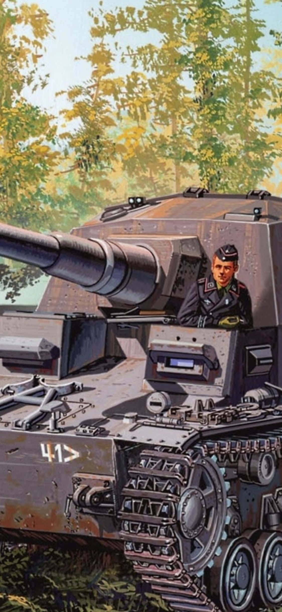 un tablou cu un tanc în pădure Fundal