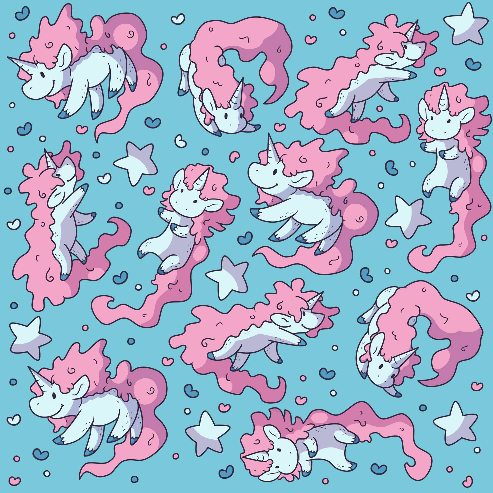 Model cu unicorn cu păr creț roz foarte lung pe un fundal albastru cu stele și inimi. — Unicorn Fundal