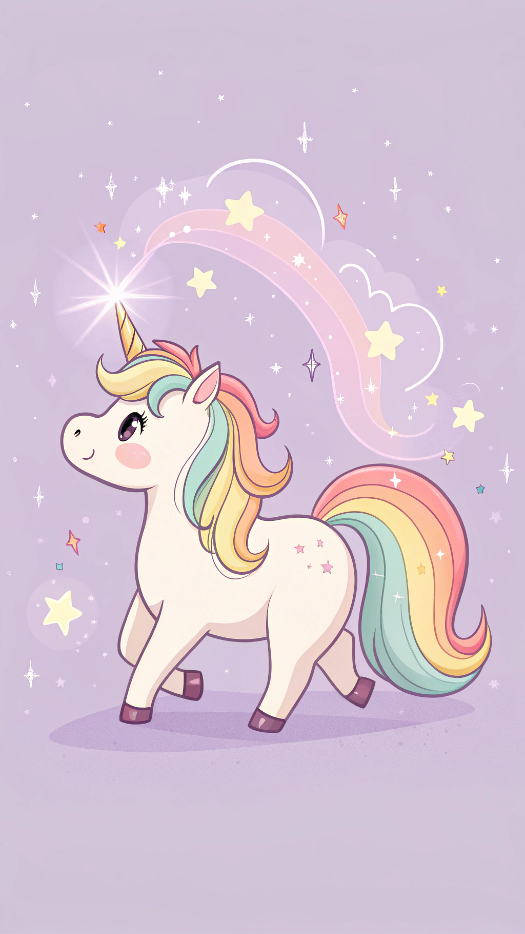 Unicorn drăguț cu coamă și coadă curcubeu Fundal