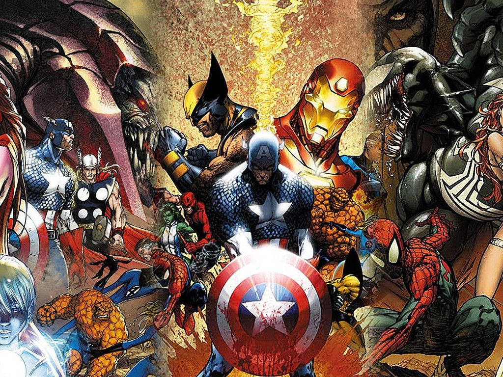 Eroi Marvel toți într-o singură bandă desenată cu personaje malefice. — Marvel Fundal